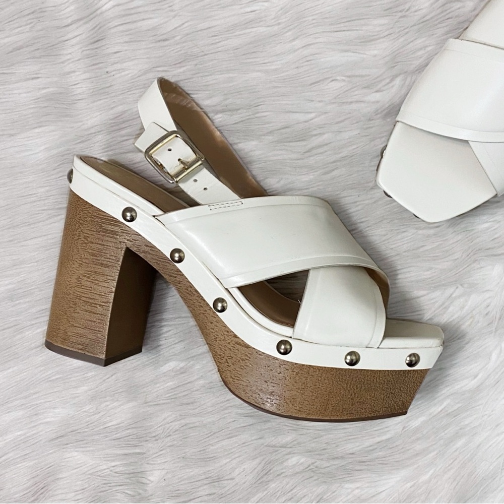 Vince Camuto White Leather Platform Sandals with Wood Block Heel
